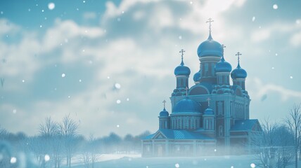 Serene winter landscape featuring a majestic Russian Orthodox church under a snowfall, creating a peaceful and spiritual atmosphere for travel or holiday themes