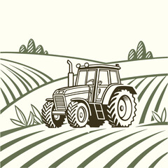 A stylized illustration of a modern tractor working in a ploughed field with rolling hills and stylized trees in the background evoking a sense of agricultural work and rural landscape
