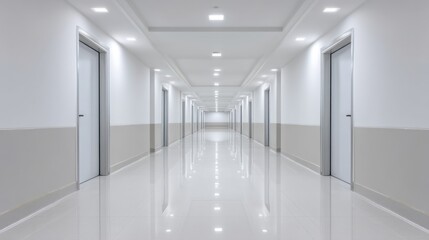 Modern interior corridor with bright lighting and clean floors, perfect for showcasing architectural design and minimalist aesthetics in commercial spaces
