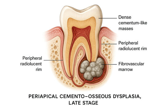 Anatomical illustration of a tooth showing Periapical Cement-Osseous Dysplasia, late stage, with labels for dense cementum-like masses, peripheral radiolucent rim, and fibrovascular marrow.