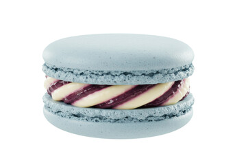 Isolated light blue macaron with delicious swirled cream and berry filling elegant French confectionery sweet dessert pastry food photography
