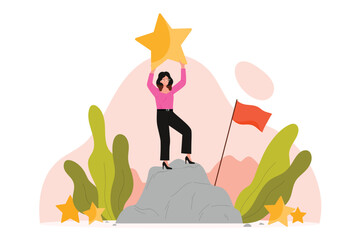 Businesswoman career achievement, success mission and challenge, leadership. Woman leader standing on high peak of mountain with gold winners star and flag after climbing cartoon vector illustration