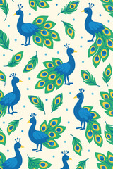Seamless Colorful Peacocks with Feathers Vector Pattern