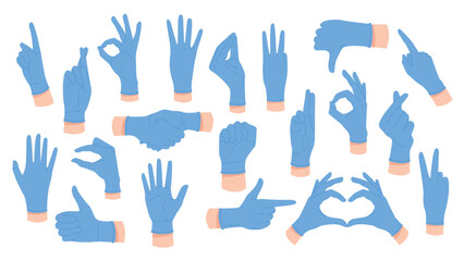 Different gestures of doctors hands in blue rubber gloves set. Body language collection of arms in protective gloves point up and down, count numbers with fingers cartoon vector illustration