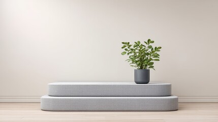 Minimalist Interior Design with Gray Cushions and Green Plant on Smooth Floor Against Soft Beige Wall Background for Cozy Home Atmosphere
