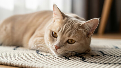 A light orange cat with amber eyes resting on a patterned rug, looking relaxed and content.