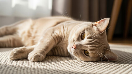 A light brown cat lying on a rug in a sunlit room, looking at the camera.