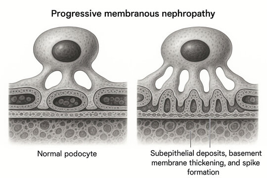 Diagram Illustrating Normal Podocyte vs. Progressive Membranous Nephropathy with Subepithelial Deposits, Basement Membrane Thickening, and Spike Formation