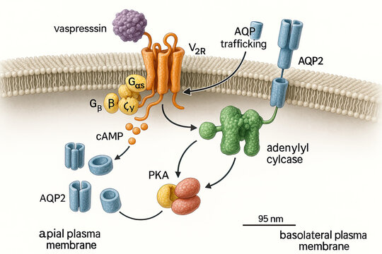 Vasopressin receptor signaling pathway and AQP2 trafficking in kidney cells.