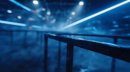 A futuristic neon lit pathway with mist and reflections evoking a sense of speed and technology
