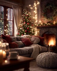 Cozy Christmas living room with glowing fireplace and decorated tree, warm festive interior filled with candles, wreath, lights, and ornaments creating a peaceful holiday atmosphere.