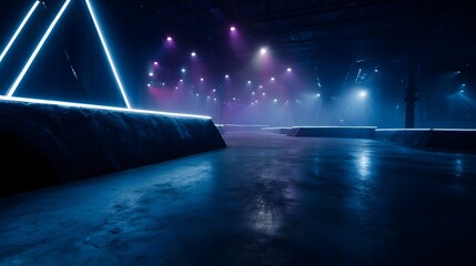 A futuristic geometric indoor space illuminated by vibrant neon blue and purple lights creating a moody high tech atmosphere for an event