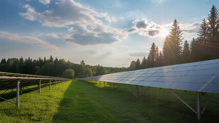 Sustainable energy solutions harnessing sunlight with solar panels in a lush, green field under a bright blue sky, promoting environmental consciousness.