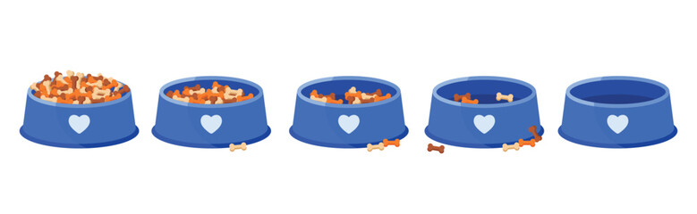 Pet dry food eating set, sequence game animation of eaten dogs treats. Animated steps collection of bowl with bone biscuit pile, plastic container half full and empty plate cartoon vector illustration