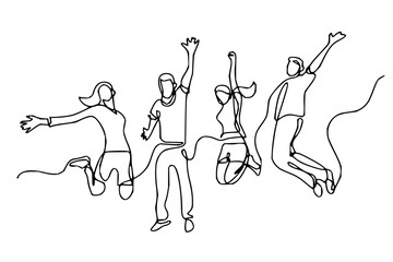 Dynamic group of friends celebrating with joyful leaps and raised arms, capturing pure freedom and energetic connection in a minimalist art style.