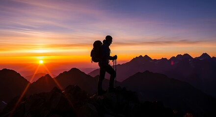 Fototapeta premium Silhouette of a lone hiker with a backpack and poles standing on a mountain peak watching the sunrise.