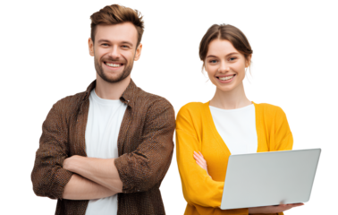 young smiling man and woman standing together with a laptop, looking at the screen