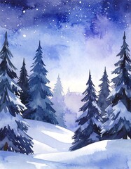 Winter forest scene with snow and stars