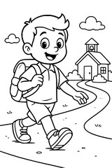 Joyful boy with backpack happily walks to school past a charming building, ready for a day of learning and fun adventures.