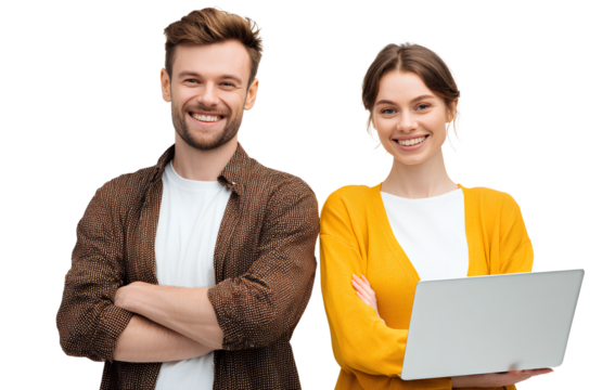  young smiling man and woman standing together with a laptop, looking at the screen - Powered by Adobe