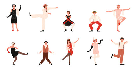 People dance on Charleston party set. Male and female dancer characters dancing to music in 1920s style, Broadway show collection, young woman and man move in funny poses cartoon vector illustration