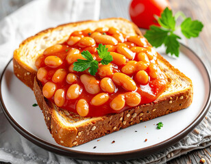 Baked beans in tomato sauce on slice of toast, closeup. AI