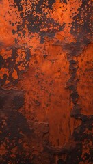  an abstract, textured surface with a predominantly rusty orange and brown color palette. The style is reminiscent of a close-up view of a corroded metal surface