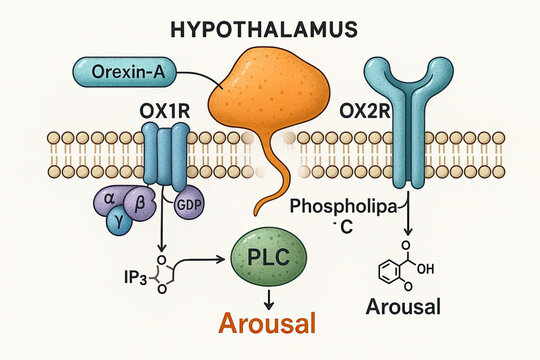 Diagram illustrating the hypothalamic orexin pathway, detailing the interaction of Orexin-A with OX1R and OX2R receptors, leading to arousal via intracellular signaling cascades involving GDP, IP3, an