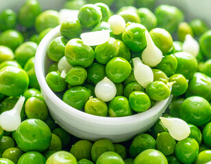 Background of green peas and pearl onions, full frame. AI