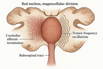 Anatomical illustration of the red nucleus, magnocellular division, showing cerebellar afferent termination, rubrospinal tract, and tremor frequency oscillations.