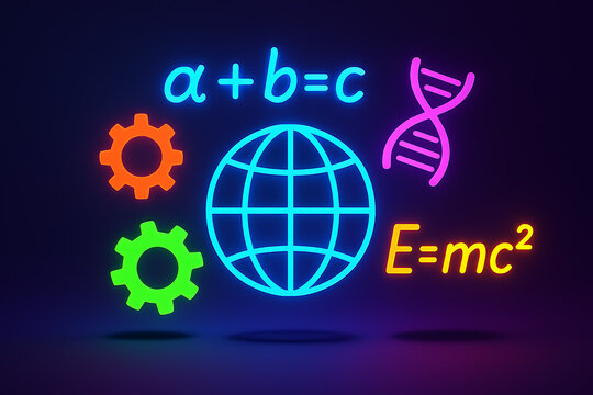 Education and science concept illustration with neon symbols representing mathematics globe physics and biology against a dark blue background