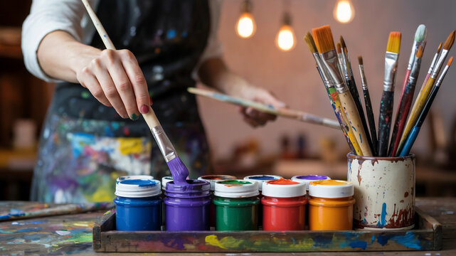 Artist Painting with Brushes