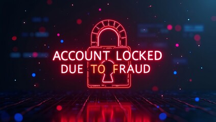 A bold neon sign displays 'ACCOUNT LOCKED DUE TO FRAUD' against a dark tech-themed background.