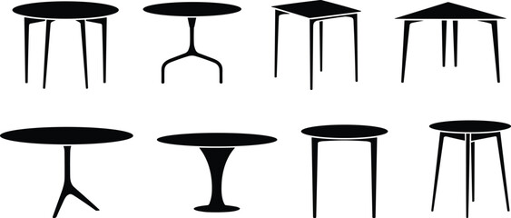 Silhouette illustration of modern tables with round and square tops, black vector furniture collection, interior design, home decor, dining, office, minimal concept