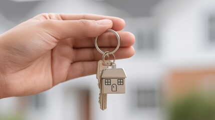 Hand holding house keys with house-shaped keychain outside a modern home illustrating new beginnings and real estate opportunities for buyers and renters