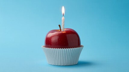 Festive red apple with lit candle in cupcake liner on bright blue background, celebrating healthy choices and unique birthday ideas.