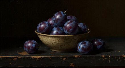 A still life painting of deep purple plums in a rustic bowl on a dark wooden surface with a dark background