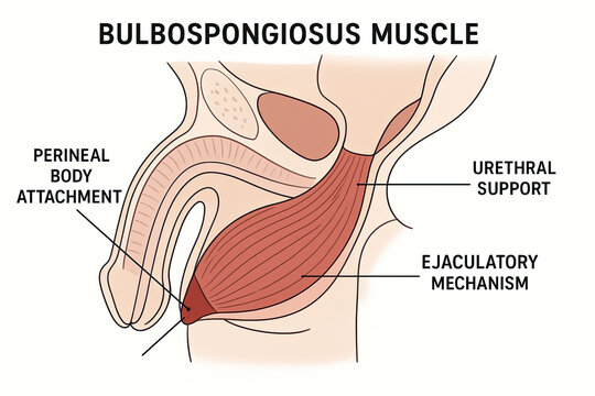 Anatomical illustration of the bulbospongiosus muscle, highlighting its attachment to the perineal body and its role in urethral support and the ejaculatory mechanism.