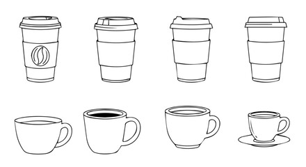 Collection of line art coffee cups and to-go cups on a white background