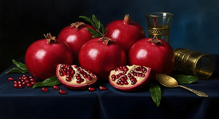A rich still life painting of vibrant pomegranates artfully arranged with a hint of gold and deep blue