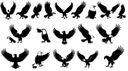 Collection of eagle silhouettes in various poses, including flying, landing, and perched positions.