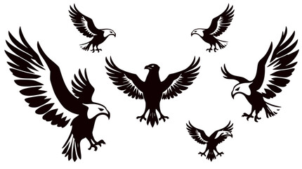 Collection of stylized eagle silhouettes in various flying poses, depicted in black and white.