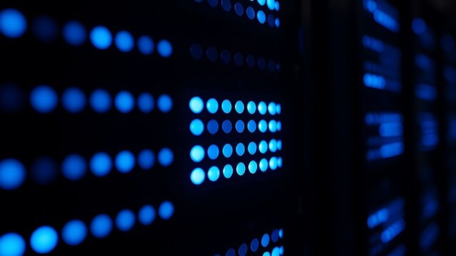 Close-up of glowing blue server rack lights creating an abstract technological pattern on a dark background.