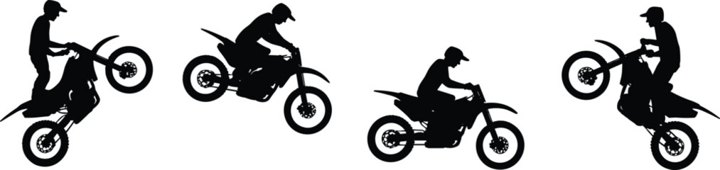 Fototapeta premium Silhouette illustration of motocross riders performing extreme stunts, motorcycle tricks, dirt bike jumps, 