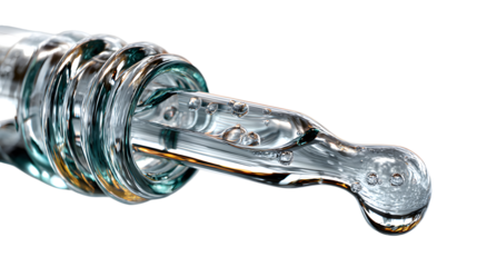 Clear essential oil dripping from dropper isolated on white background