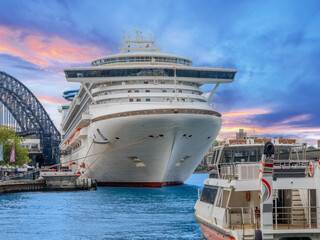 Cruise Liner in Circular Quay on Sydney harbour NSW Australia The harbour bridge in the background