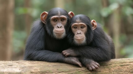 Two Young Chimpanzees Sitting Together in a Natural Habitat Surrounded by Lush Green Trees and Soft Natural Lighting
