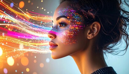 A profile view of a woman's face with digital light streams and glitter overlay, representing digital integration