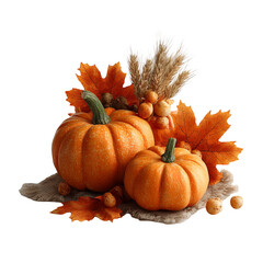 Festive Thanksgiving decoration of pumpkins, orange leaves, and pinecones isolated on transparent background for autumn holiday décor