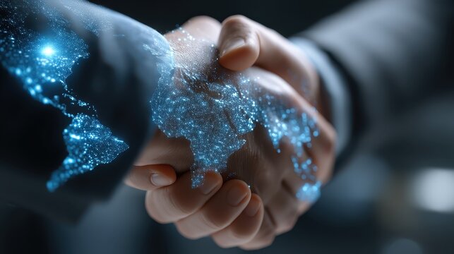 Diverse Hands Shaking with Digital Globe Overlay Symbolizing Global Partnership - Powered by Adobe